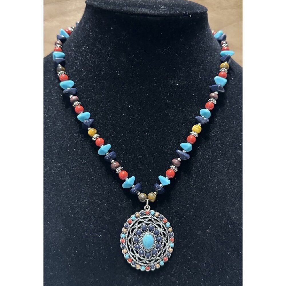 Chaps multicolor beaded necklace Pendant Faux Turquoise Stones Boho Southwestern
